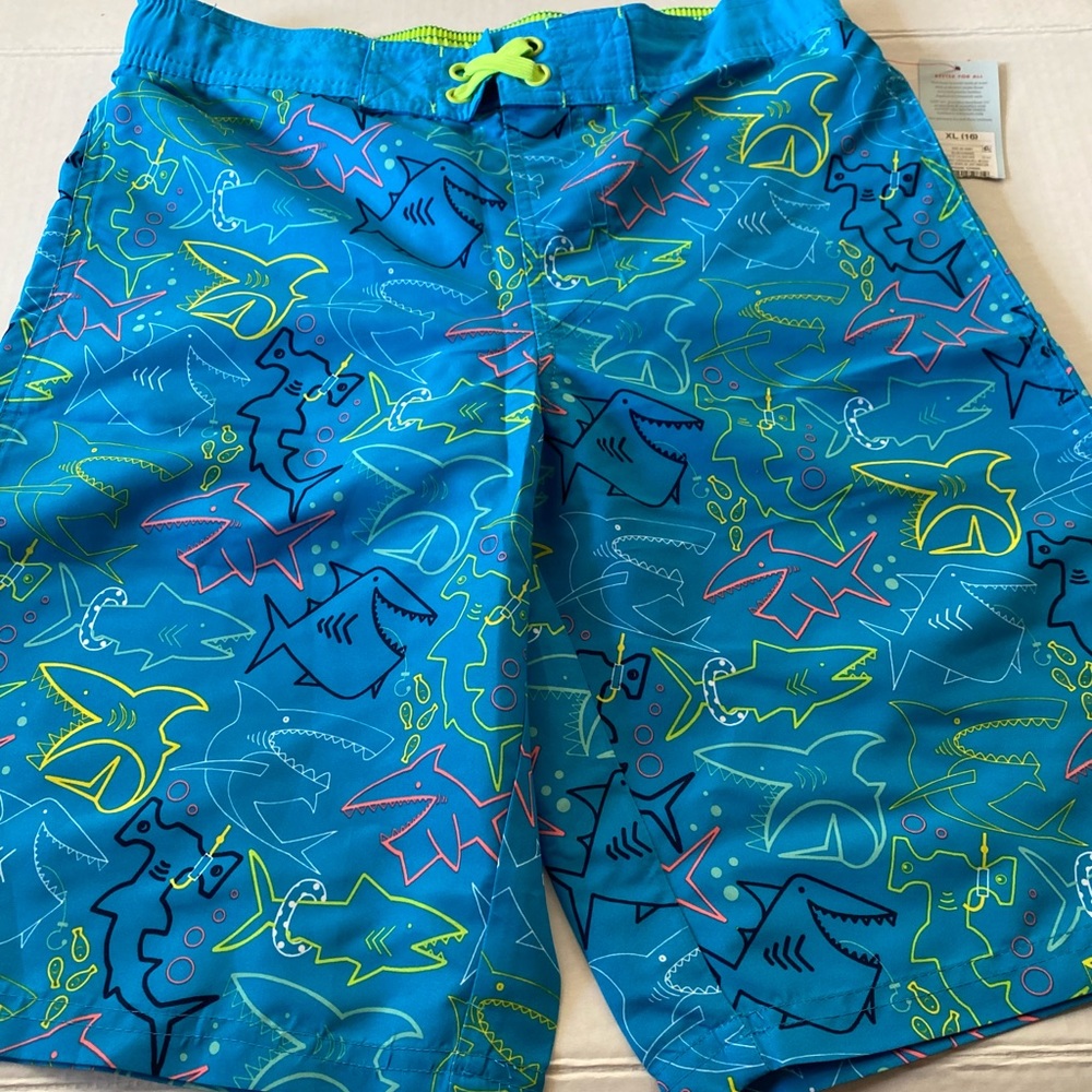 Cat and Jack New w/Tag Youth swim trunks, blue,neon shark designs, size: XL 16